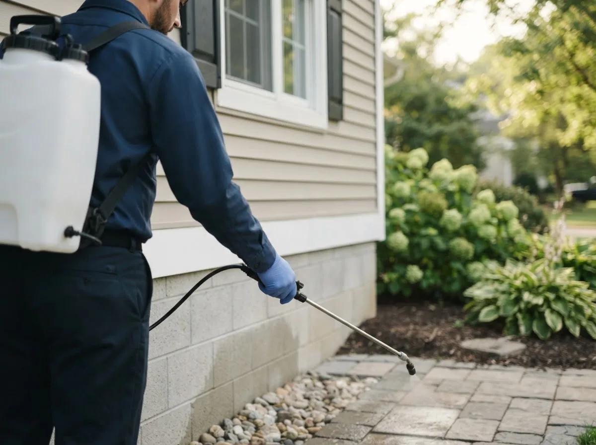 Pest control technician inspecting a home in Arispe, IA
